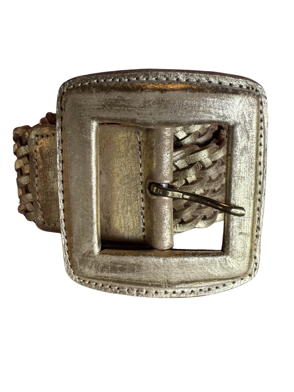 Chico’s Gold Metallic Woven Braided Leather Statement Belt with Square Buckle M